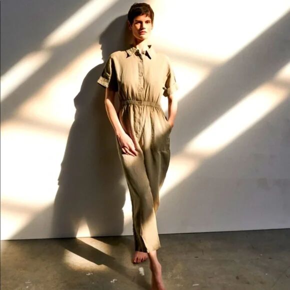 ZARA Linen Blend Olive Green Jumpsuit Size Small - Picture 1 of 7